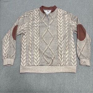 SHEIN Beige Cable-Knit Half-Zip Sweater with Brown Accents